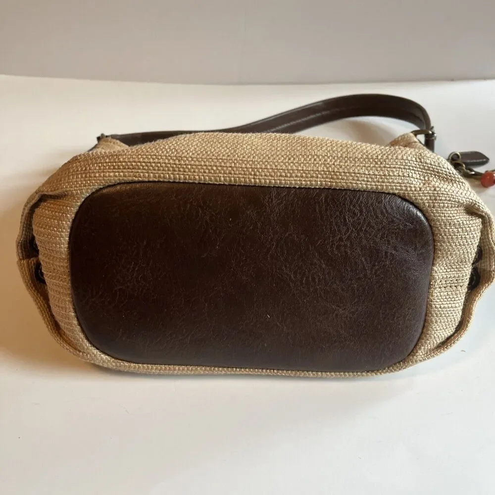 Fossil Straw Bag Genuine Classic Beige 3 Wood Beads Key Zippered Hobo Natural